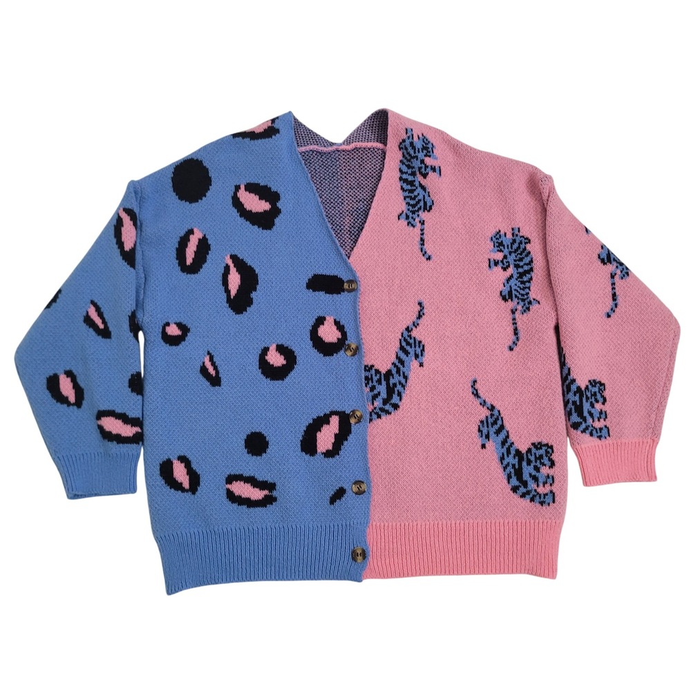 SHEIN Curve 2XL Cardigan Womens Blue Pink Colorblock Leopard Tiger Animal Print